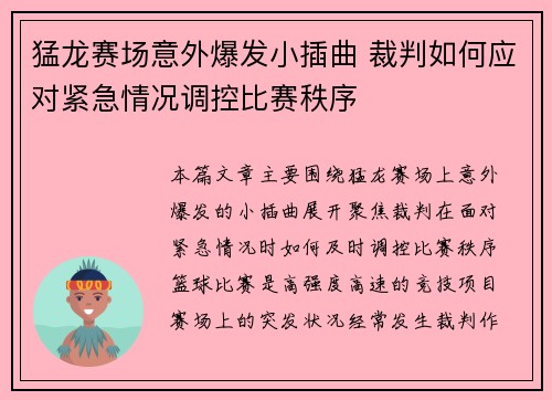 猛龙赛场意外爆发小插曲 裁判如何应对紧急情况调控比赛秩序 猛龙赛场意外爆发小插曲 裁判如何应对紧急情况调控比赛秩序