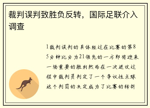 裁判误判致胜负反转，国际足联介入调查