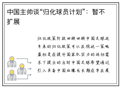 中国主帅谈“归化球员计划”：暂不扩展