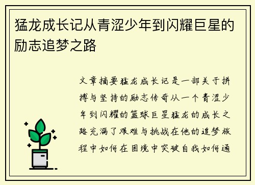 猛龙成长记从青涩少年到闪耀巨星的励志追梦之路
