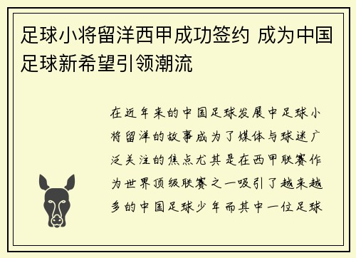 足球小将留洋西甲成功签约 成为中国足球新希望引领潮流